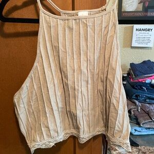 Colsie Beige Ribbed Tank Top with Lace Trim